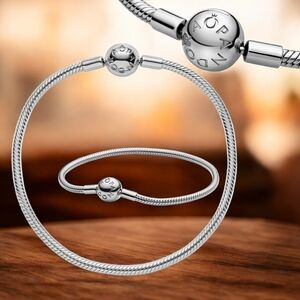 Like-New🩶 Pandora Moments Sterling Silver Snake Chain Bracelet With Round Clasp